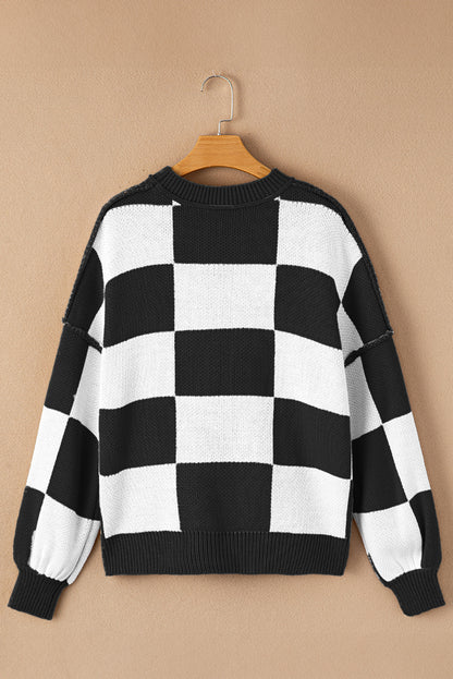 Black Checkered Bishop Sleeve Sweater