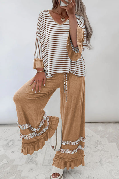 Khaki Stripe V Neck Ruffle Contrast Sleeve Top Drawstring Pants 2pcs Set