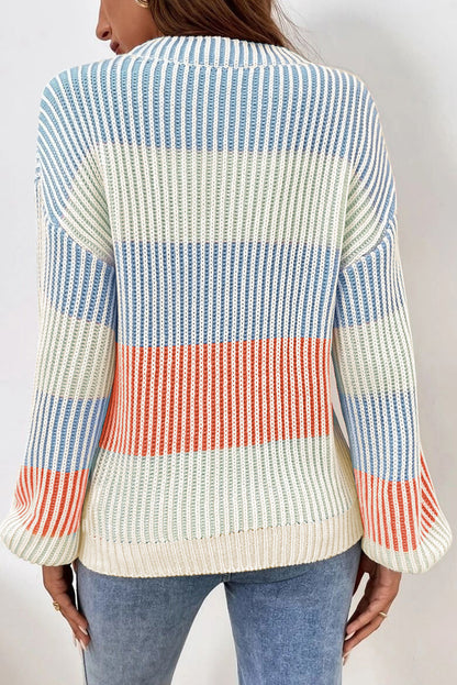 Pull à manches bouffantes en tricot texturé multicolore colorblock