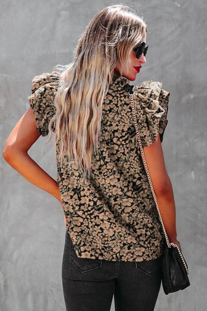 Haut à col en V et manches flottantes à imprimé floral