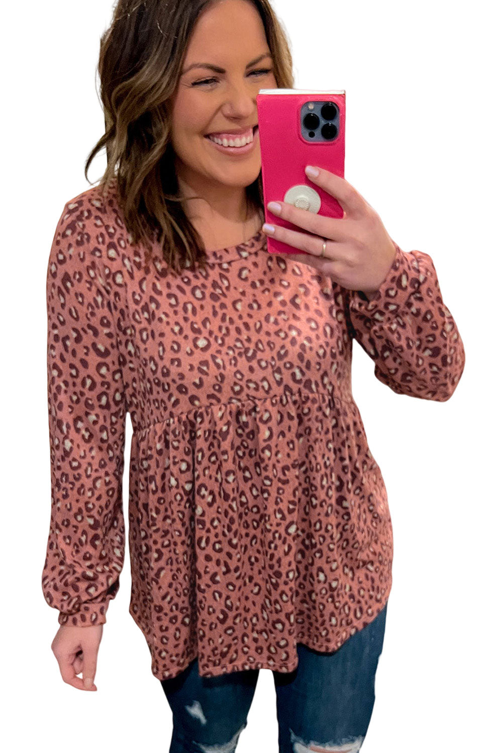 Blusa Babydoll con volantes y manga larga con estampado de leopardo y talla grande 