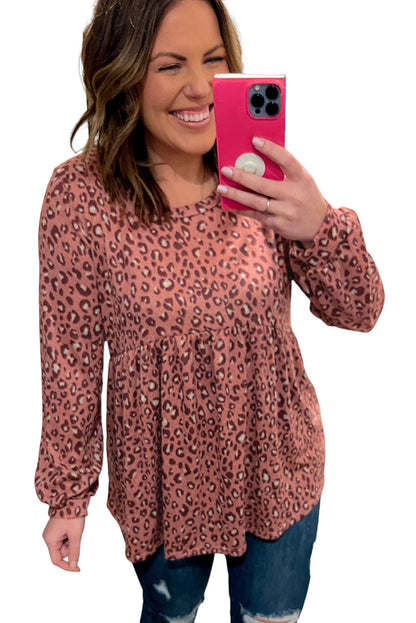 Blusa Babydoll con volantes y manga larga con estampado de leopardo y talla grande 