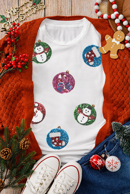 T-shirt col rond à paillettes blanches et patch lumineux de Noël