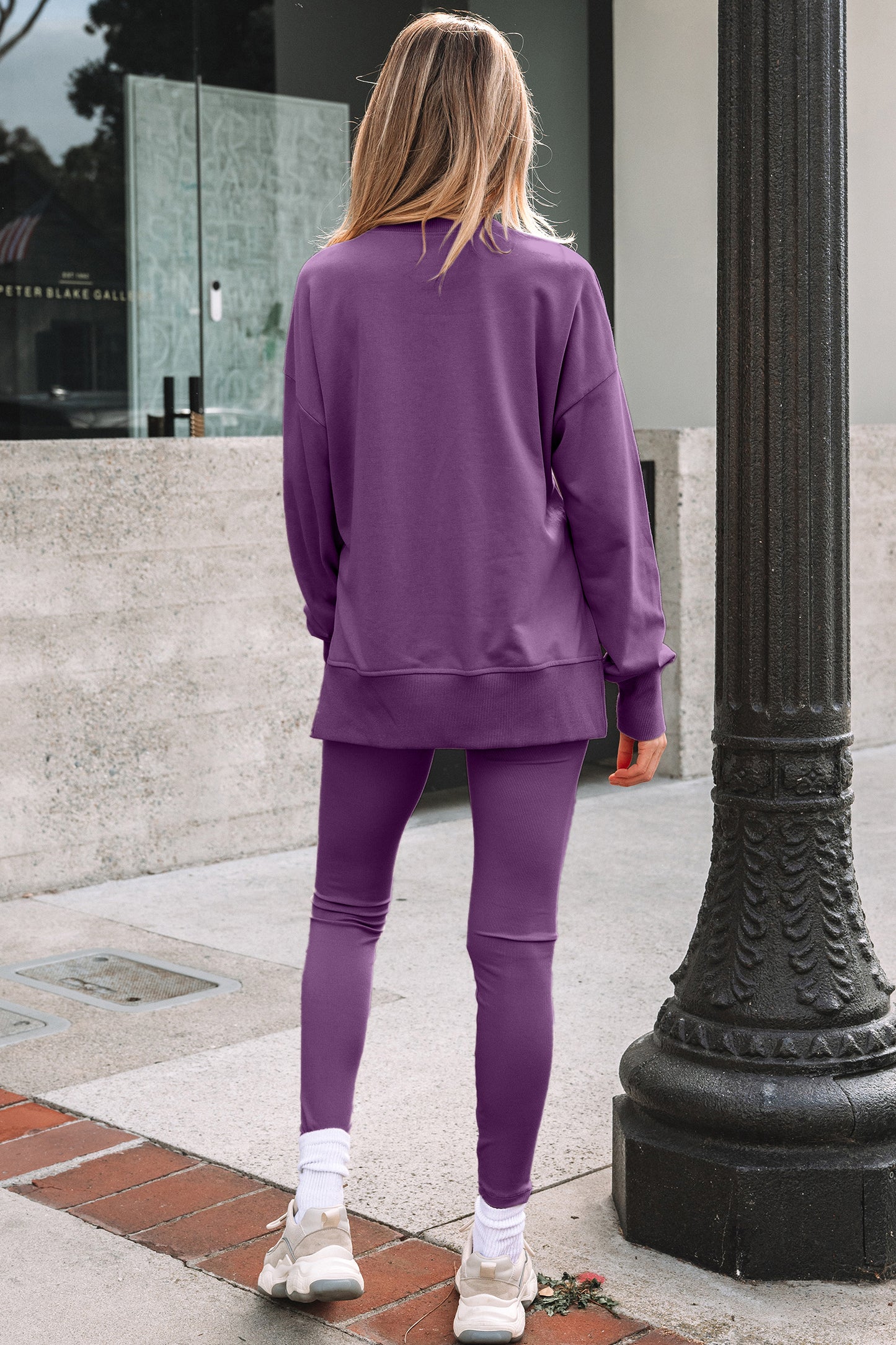 Black Solid Color Oversize Slit Sweatshirt Ribbed Leggings 2pcs Set