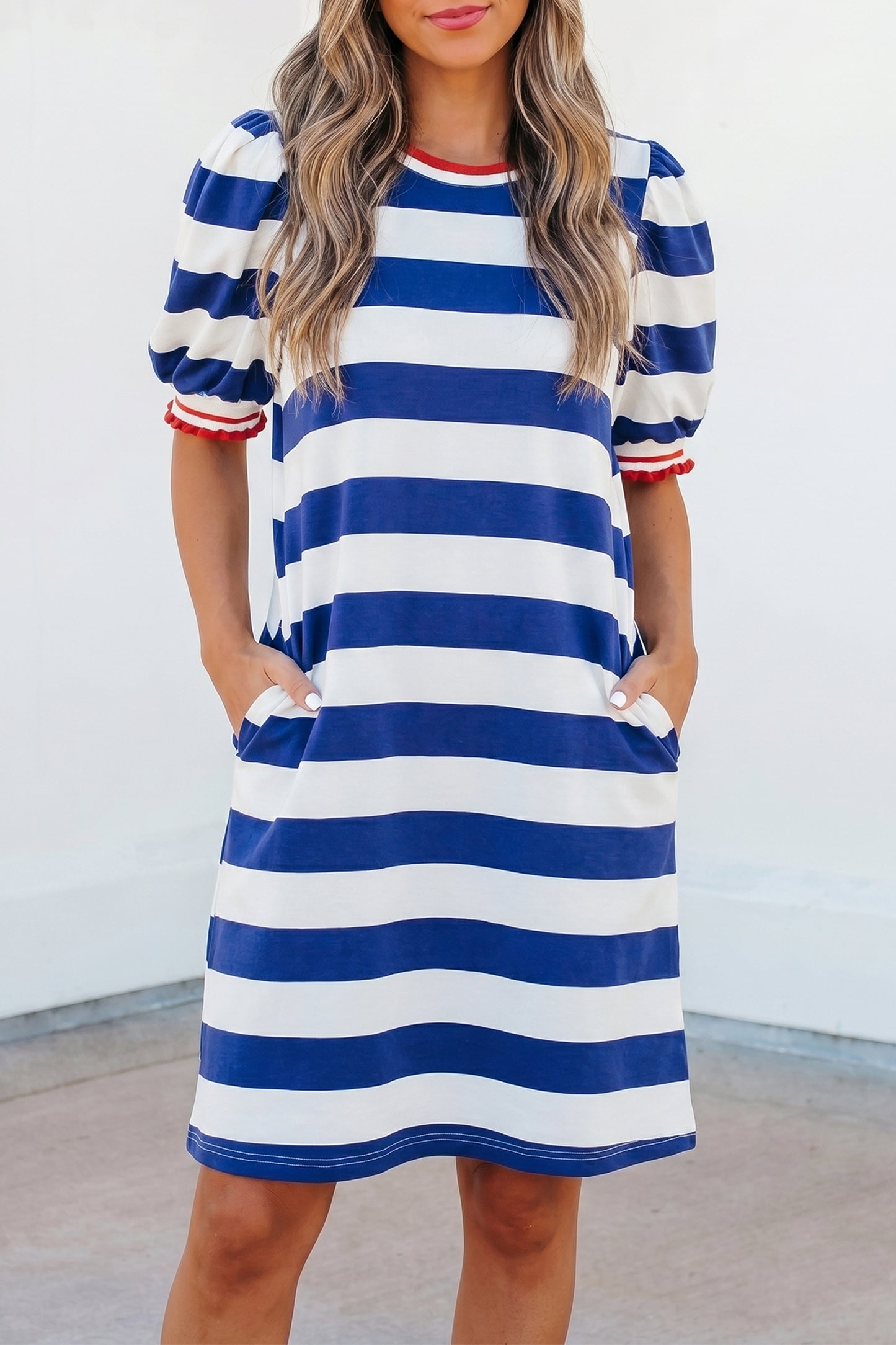 Blue Stripe Contrast Trim Round Neck Short Puff Sleeve Shift Mini Dress