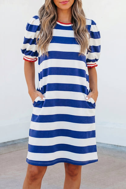 Blue Stripe Contrast Trim Round Neck Short Puff Sleeve Shift Mini Dress
