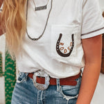 White RODEO Horseshoe Embroidered Patch Pocket T Shirt