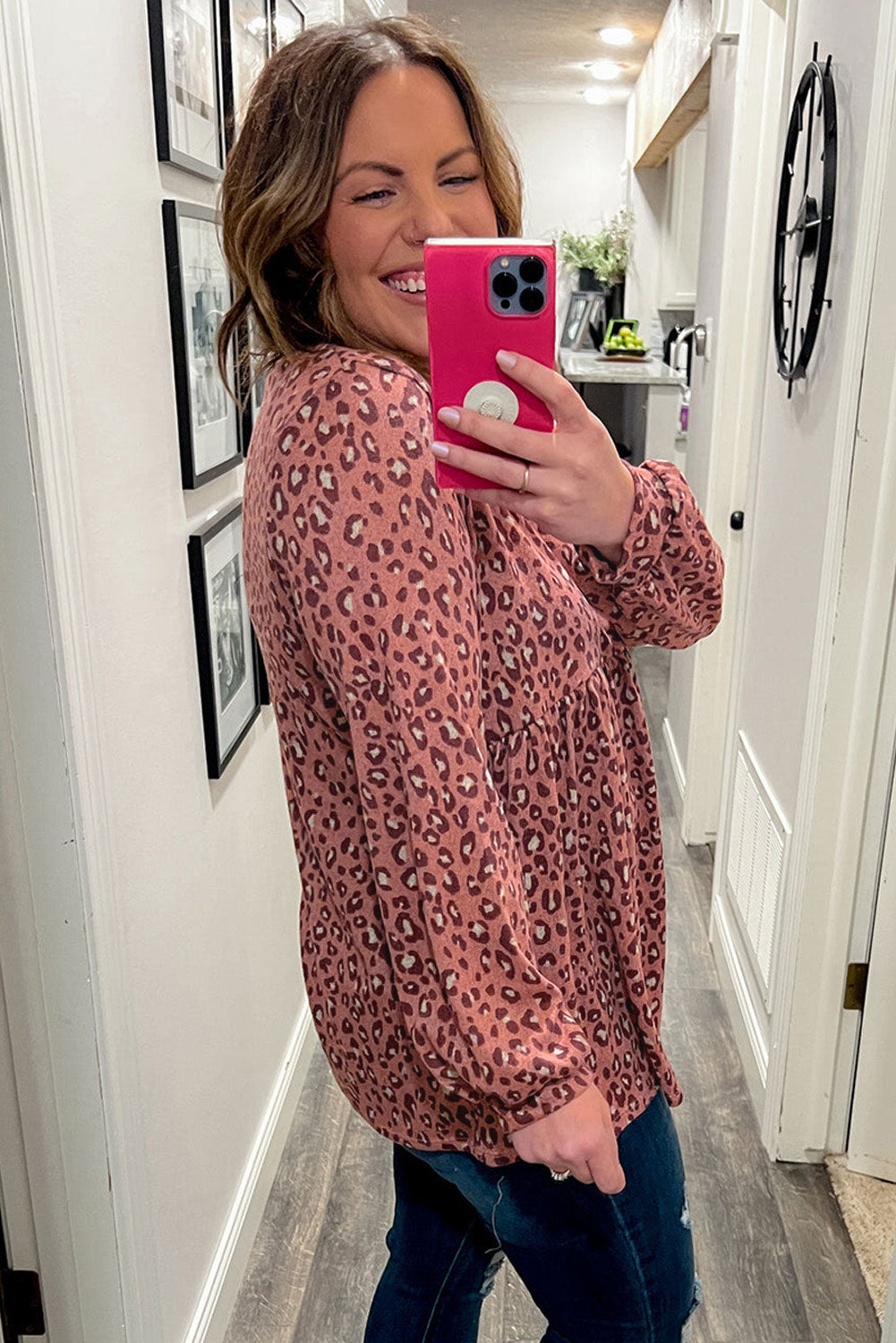 Blusa Babydoll con volantes y manga larga con estampado de leopardo y talla grande 