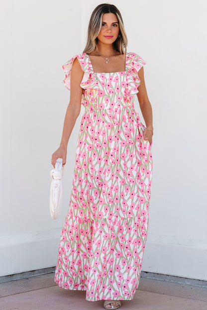 Robe longue rose à imprimé floral, col carré et bretelles à volants