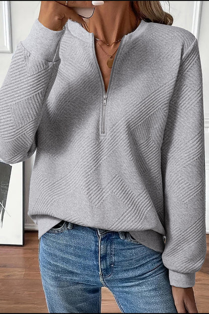 Medium Grey Trendy Textured Half Zip Loose Sweatshirt