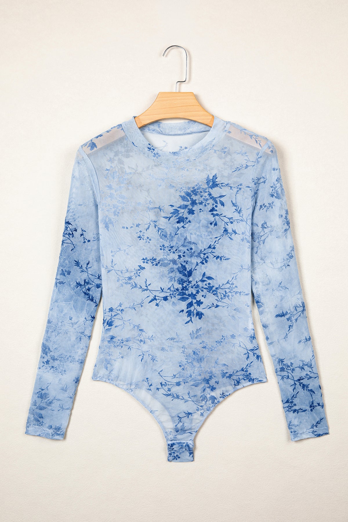 Sky Blue Sheer Mesh Floral Printed Mock Neck Long Sleeve Bodysuit