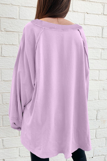 Beau Blue Solid Color Raw Seam Patchwork Baggy Sweatshirt