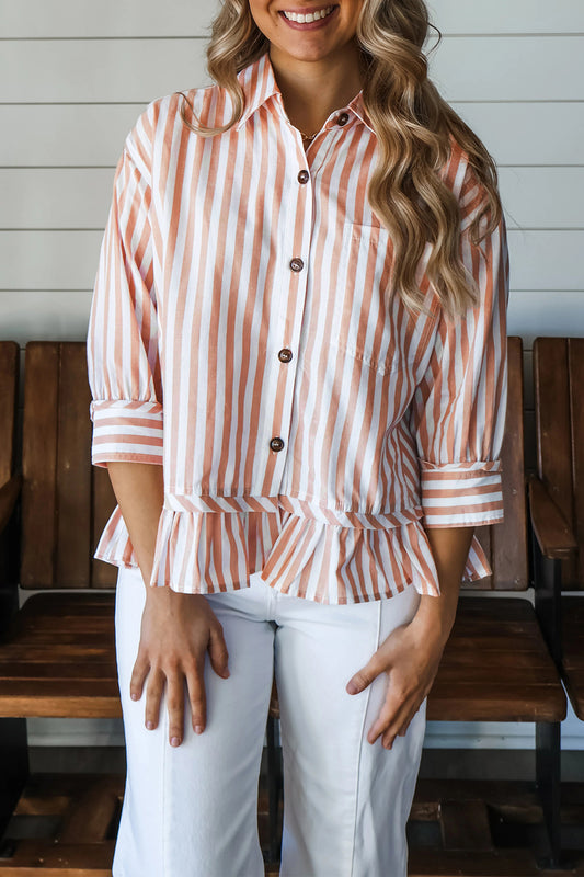 Khaki Stripe Collar Button Front Bracelet Sleeve Ruffle Hem Shirt