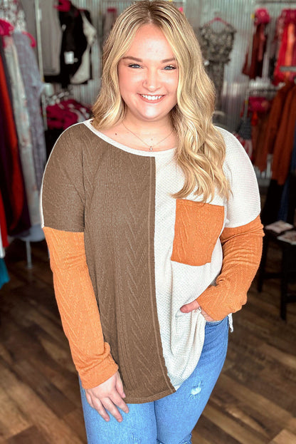 Chestnut Plus Size Color Block Textured Patchwork Top with Pocket