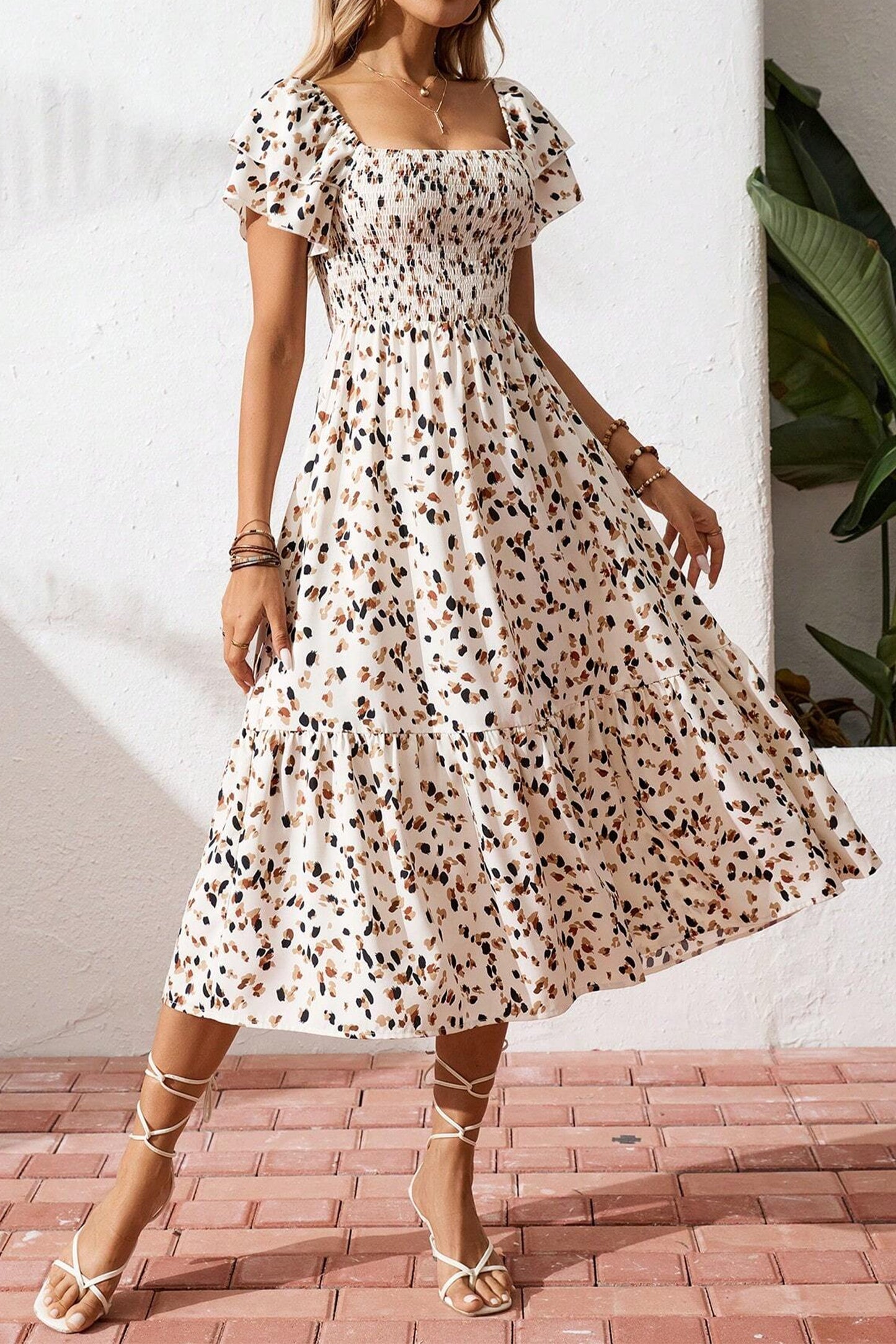 Blue Ditsy Floral Print Smocked Square Neck Ruffle Short Sleeve Dress