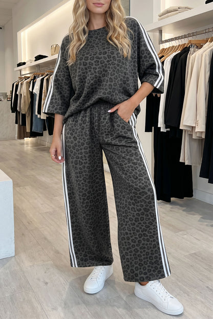 Gray Leopard Print Varsity Striped Detail 3/4 Sleeve Top Shift Pant Set