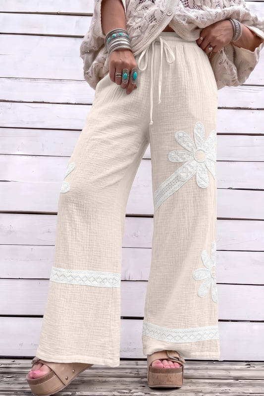 White Floral Lace Patchwork Boho Wide Leg Casual Pants