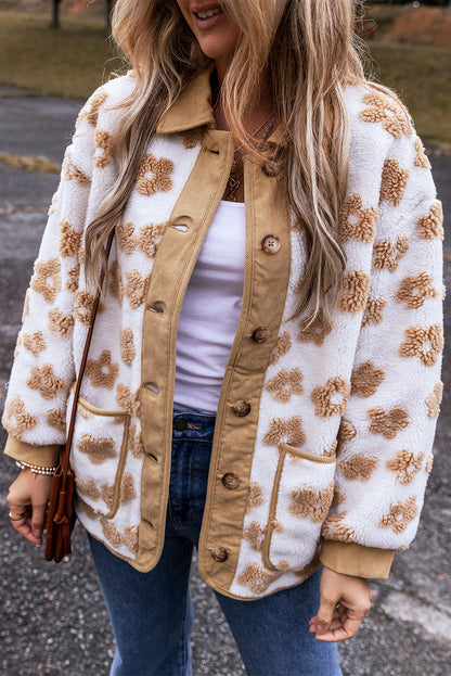 Veste polaire boutonnée à jolis motifs floraux beige clair
