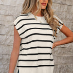 White Side Slits Crewneck Short Sleeve Sweater Tee