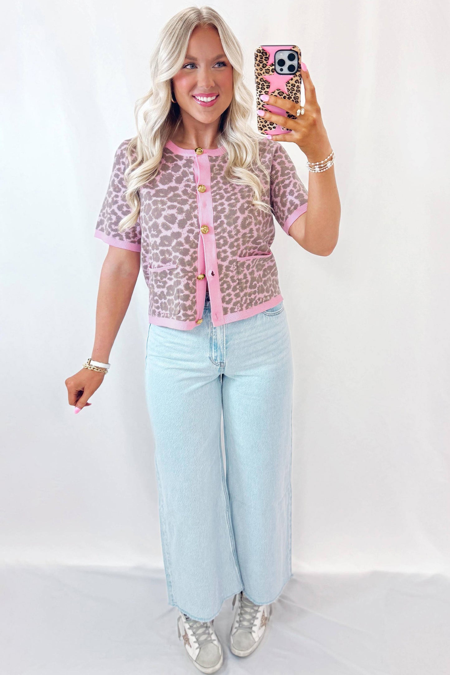 Pink Leopard Button Down Short Sleeve Sweater Cardigan