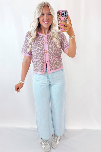 Pink Leopard Button Down Short Sleeve Sweater Cardigan