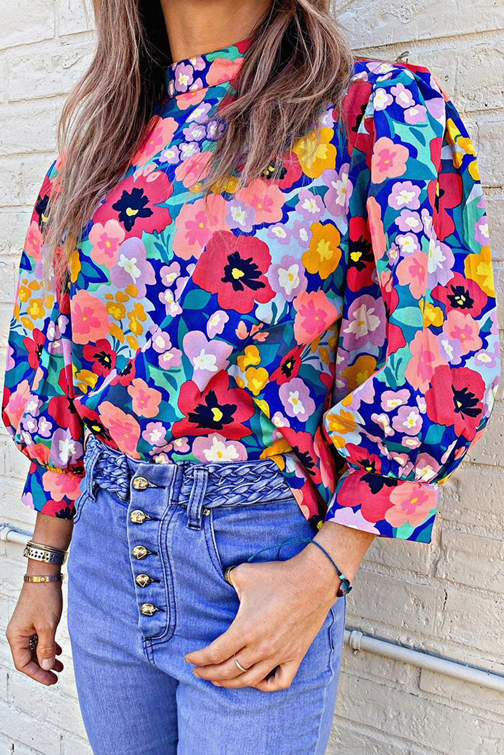 Blusa con estampado floral y manga de burbuja con cuello simulado azul 