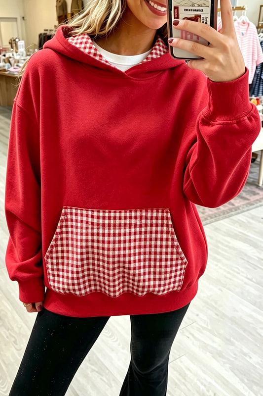Racing Red Polka Dot/ Plaid Patchwork Front Pocket Casual Hoodie