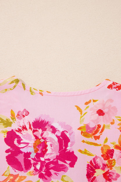 Pink Floral Print Tie Neck Puffy Half Sleeve Blouse