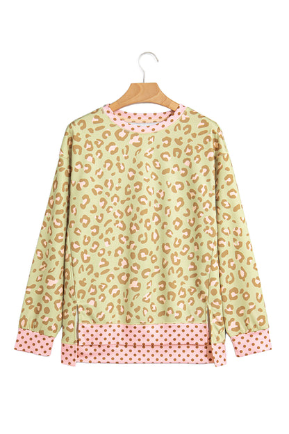 Khaki Leopard Polka Dot Colorblock Trim Long Sleeve Top