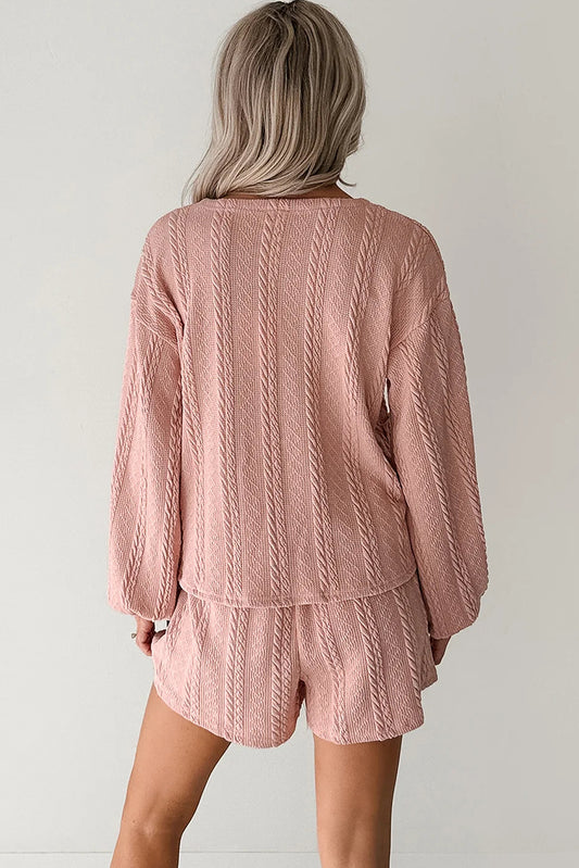Gossamer Pink Cable Knit V Neck Cardigan Shorts Set