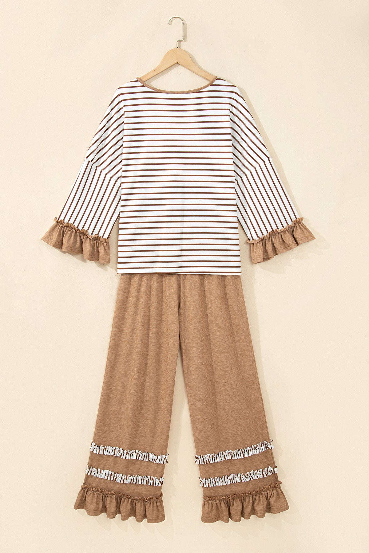 Khaki Stripe V Neck Ruffle Contrast Sleeve Top Drawstring Pants 2pcs Set