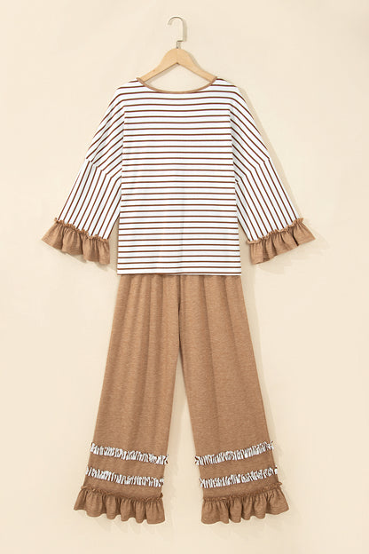 Khaki Stripe V Neck Ruffle Contrast Sleeve Top Drawstring Pants 2pcs Set
