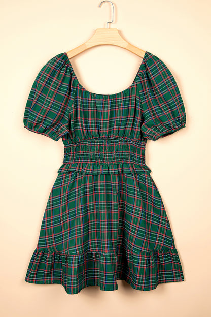 Green Plaid Shirred U Neck Short Sleeve Mini Dress