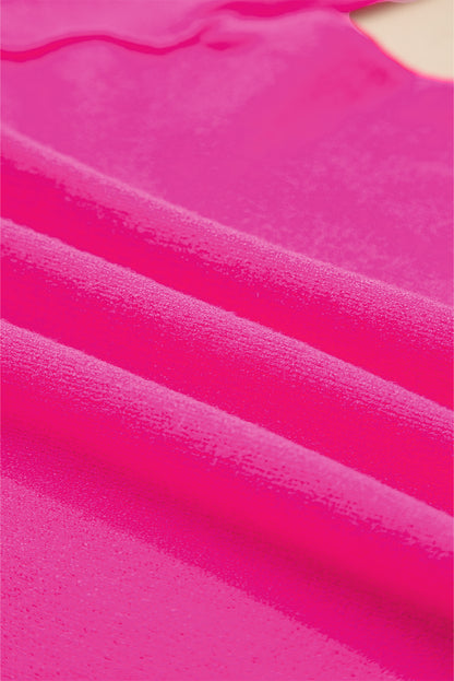 Bright Pink XOXO Embroidered Graphic Valentines Contrast Trim Crew Neck Short Puff Sleeve Sweater Tee