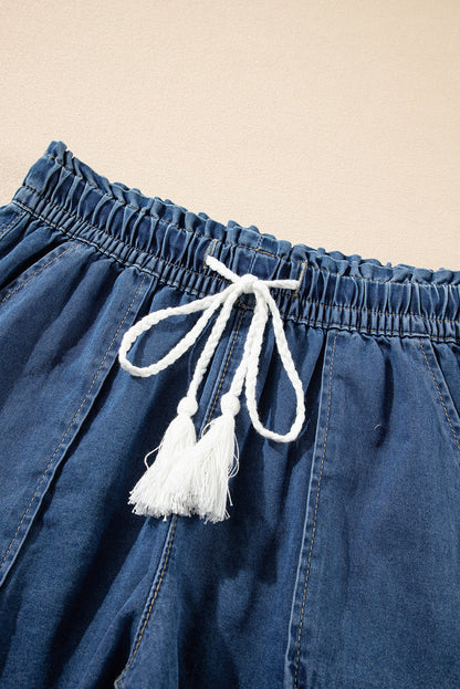 Ashleigh Blue Raw Hem Drawstring Elastic Waistband Denim Shorts with Pockets