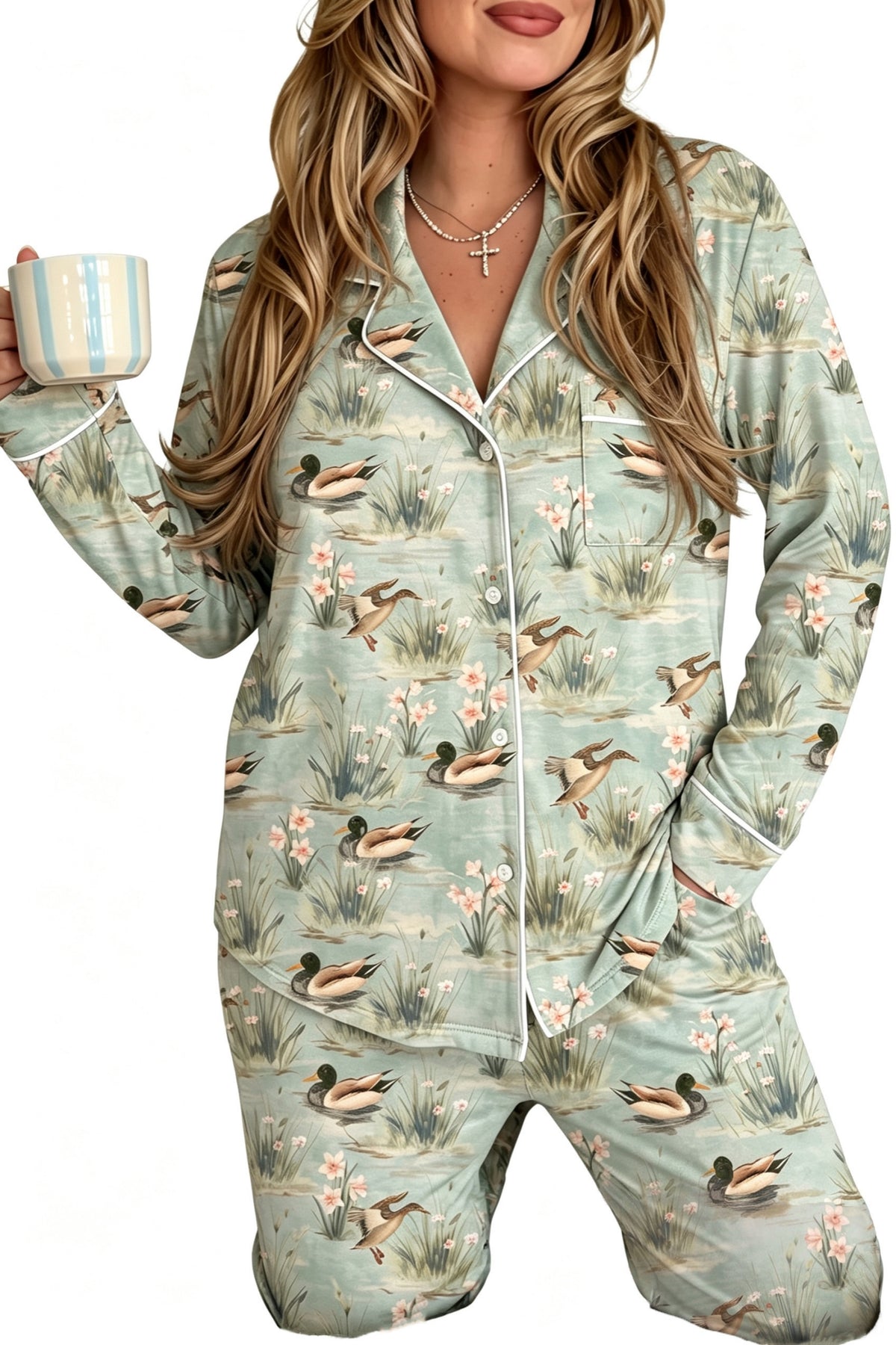 Green Floral Duck Print Long Sleeve Shirt Top 2pcs Pajama Pant Set