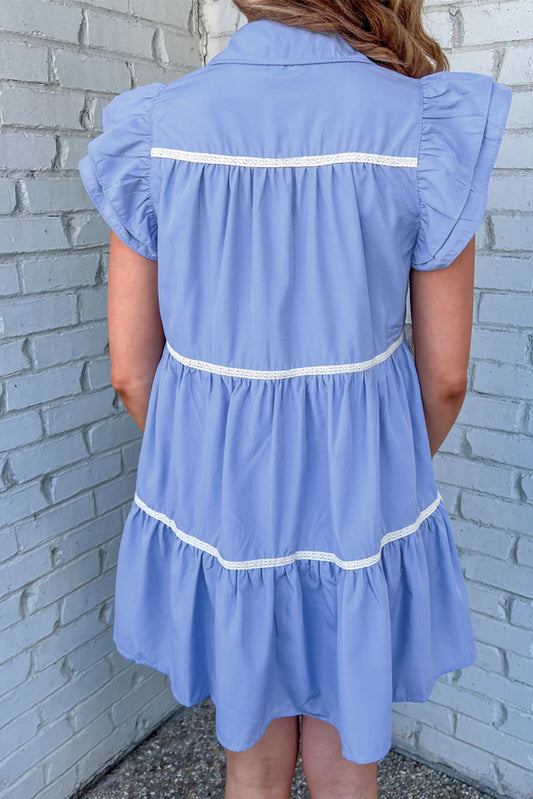 Sky Blue Lace Trim Accent Ruffled Tiered Dress