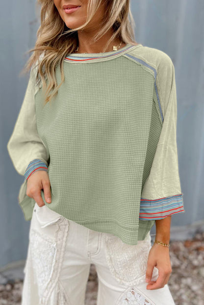 Haut raglan patchwork à manches larges et en tricot gaufré vert Meadow Mist