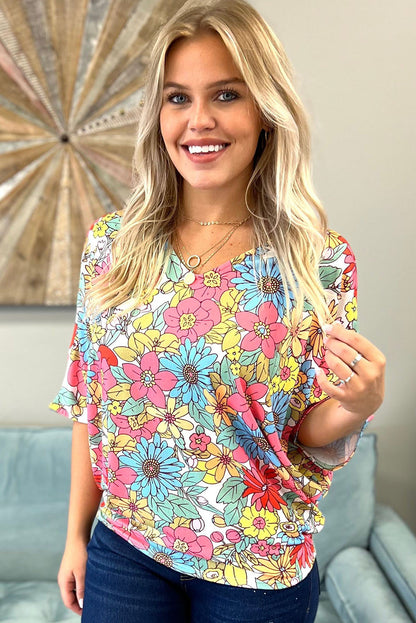 Blusa de media manga con cuello en V y estampado floral multicolor 