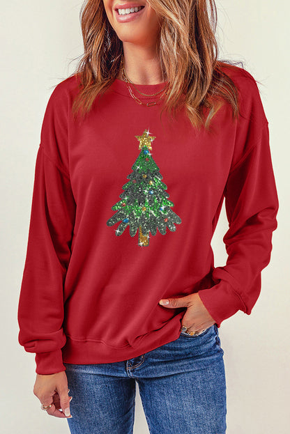 Black Sequined Christmas Tree Pattern Pullover Sweatshirt