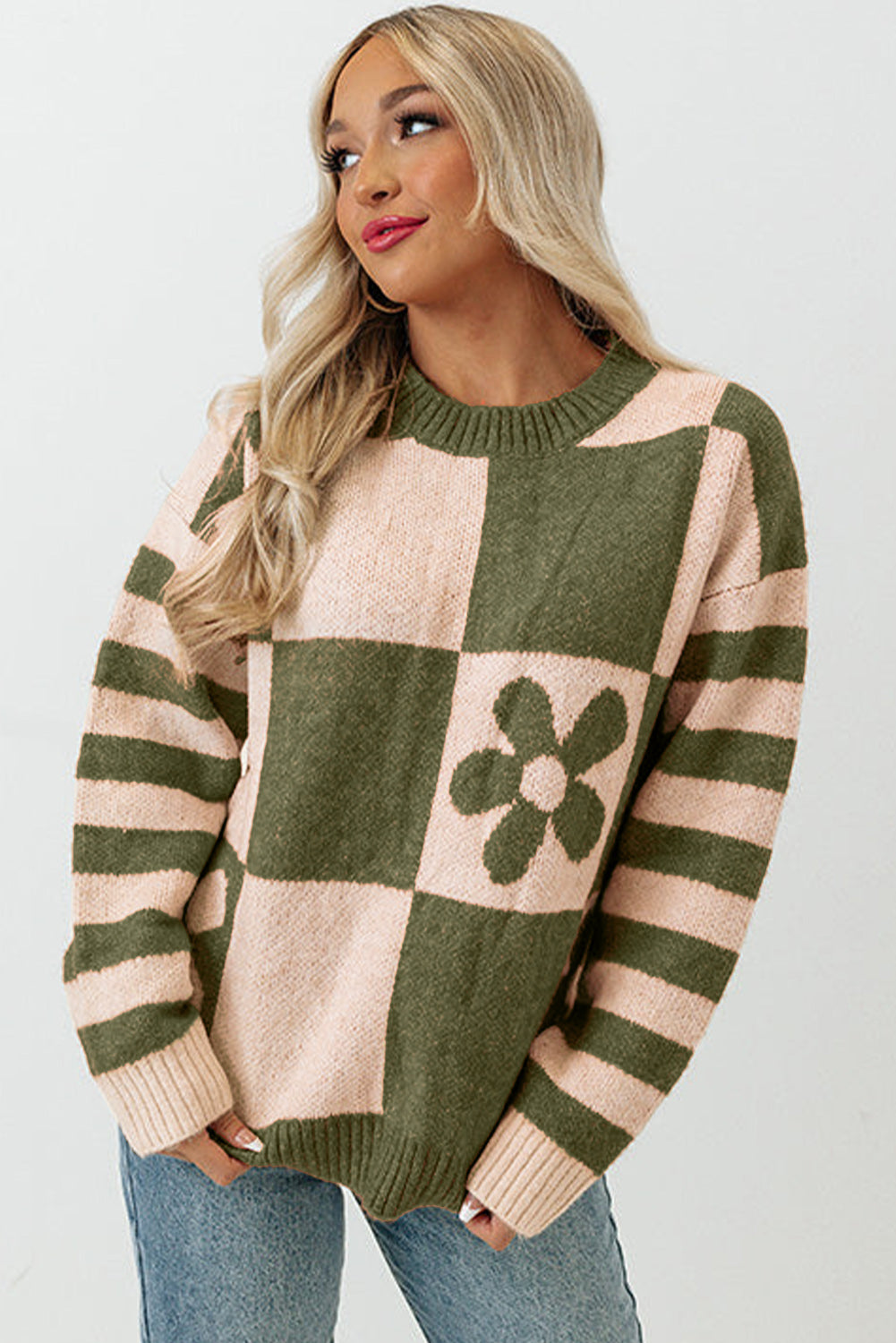 Pull à manches rayées et imprimé floral à carreaux marron