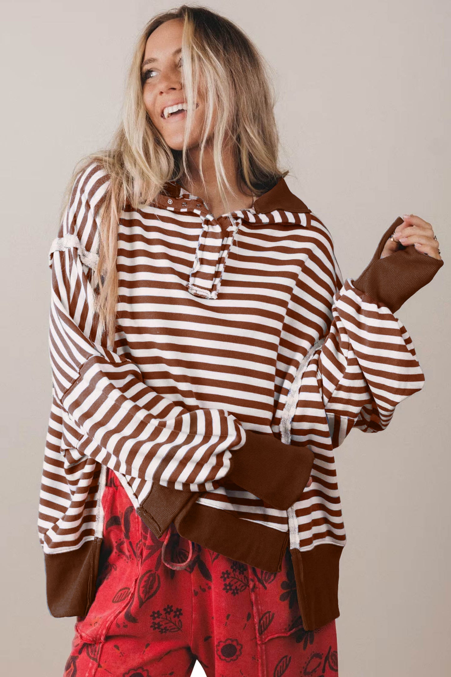 Brown Stripe Color Block Trim Raw Seam Split Hem Loose Pullover Sweatshirt