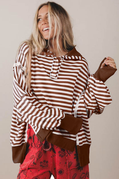 Brown Stripe Color Block Trim Raw Seam Split Hem Loose Pullover Sweatshirt