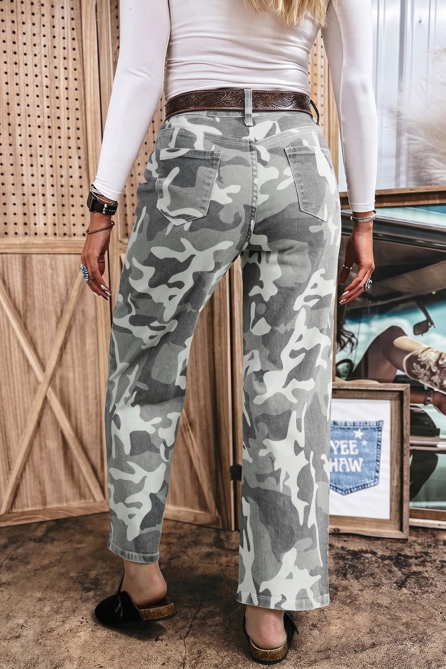 Green Camo Pattern Cotton Denim Shift Jeans