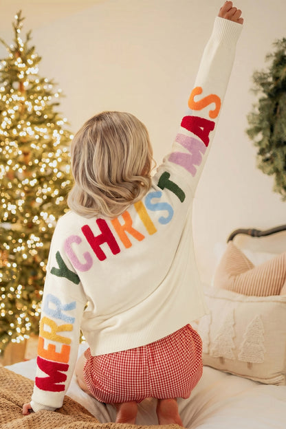White Ho Ho Ho Slogan V Neck Button Front Embroidered Knit Cardigan