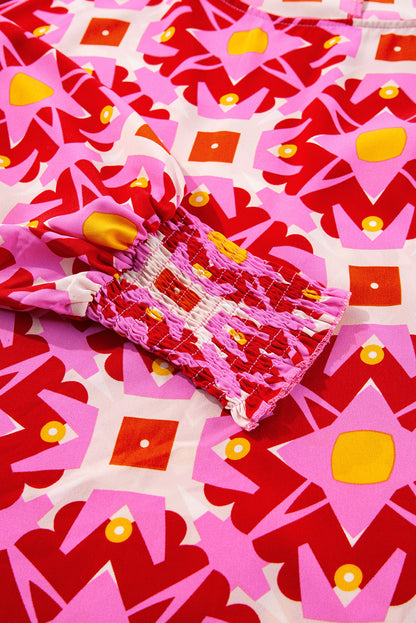 Chemisier ample à manches 3/4 et imprimé géométrique rose fraise