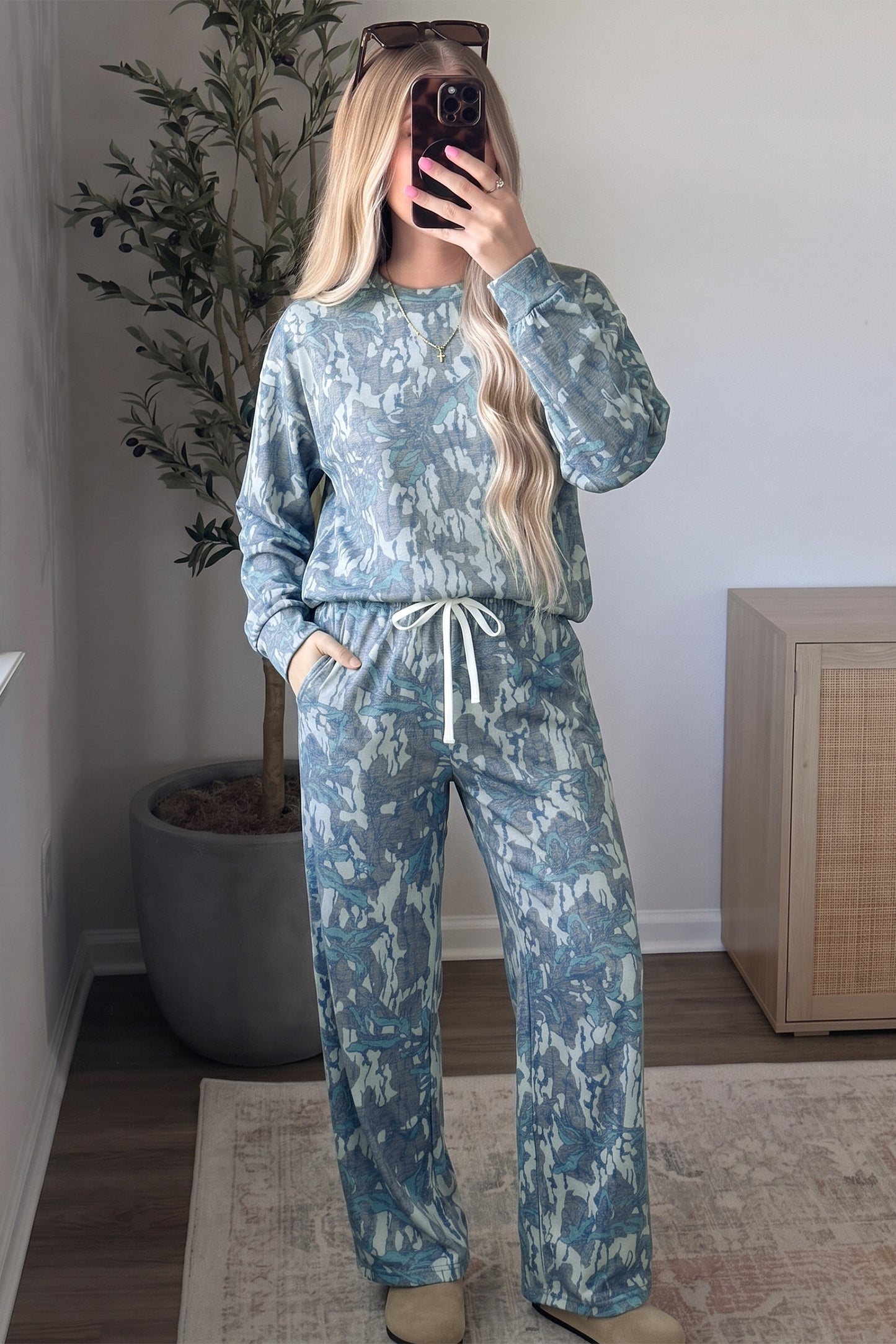 Multicolour Abstract Floral Print Loose Pullover Drawstring Pants 2pcs Set