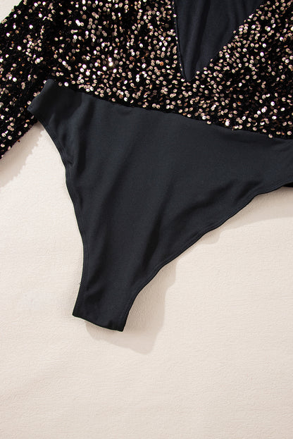 Body noir à manches bouffantes et sequins avec dos en V profond