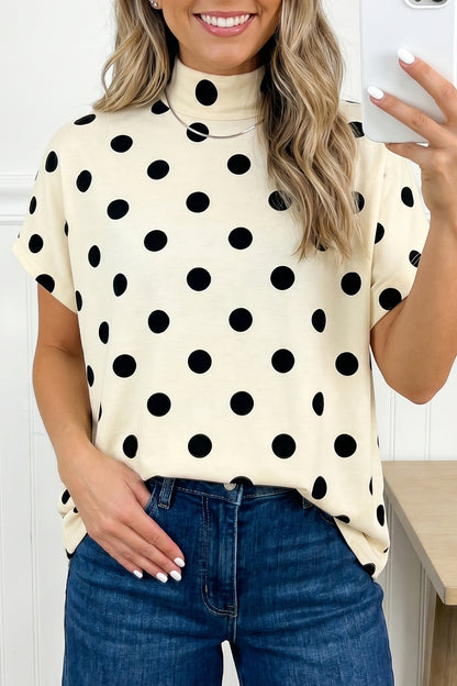 Beige Polka Dot Print High Neck Dolman Top