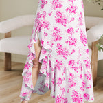 Rose Boho Floral High Waist Ruffle Split Maxi Skirt